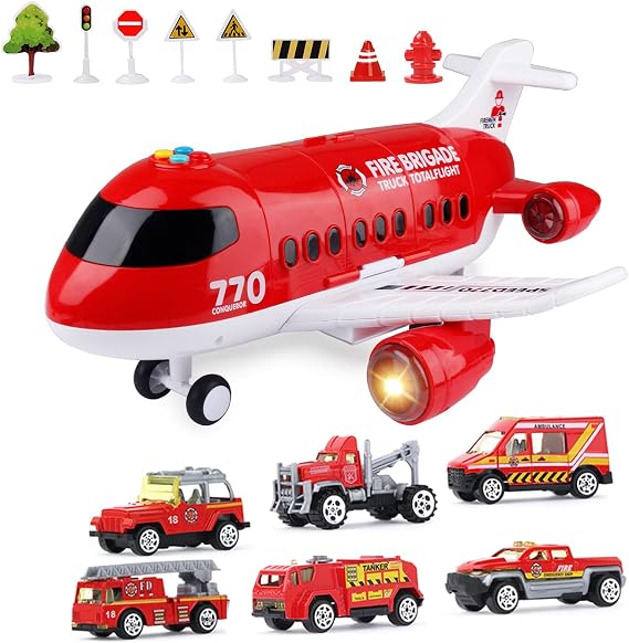 Fire Engine Aeroplane Set, Emergency Rescue Toy Cars Play Music Vehicles for 3 4 5 Years Old Boys Kids
