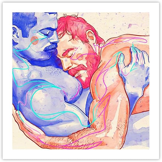 Oh Mon Doux Gay Wall Art - MLM Pride Decor, Gay Valentines Gifts for Him - Muscle Hunks Cuddling Queer Art for Bedroom or Living Room - Signed by Artist (8x8 inches)