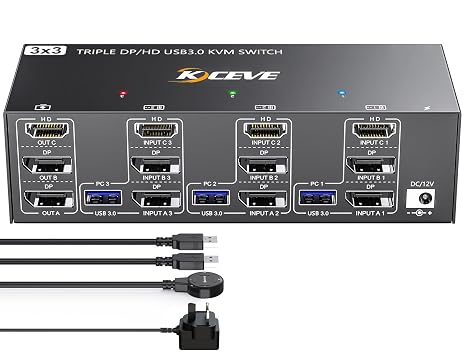 KVM Switch 3 Monitors 3 Computers Displayport HDMI 8K@60Hz 4K@144Hz, KVM Switch Triple Monitor for 3 Computers Share 4 USB 3.0 Ports, Wired Remote(8K DP HDMI 3 in 3 out KVM)