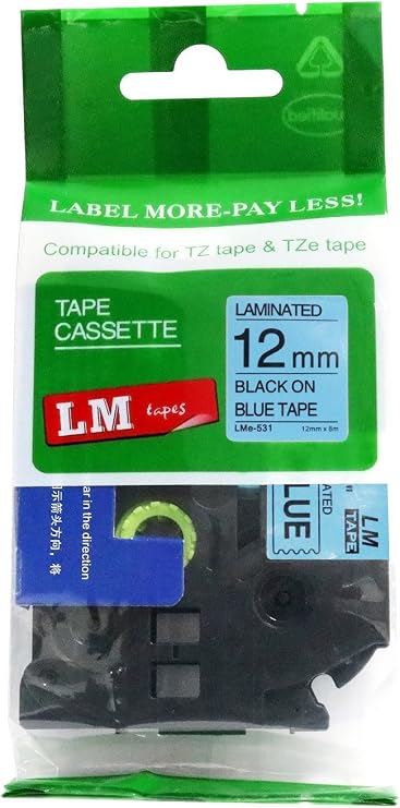 LM Tapes - Premium 1/2" (12mm) Black on Blue Compatible TZe P-Touch Tape for use with Brother PT-2430PC, PT2430PC, PT-2430 PT2430 Label Maker Includes Tape Size/Color Guide.