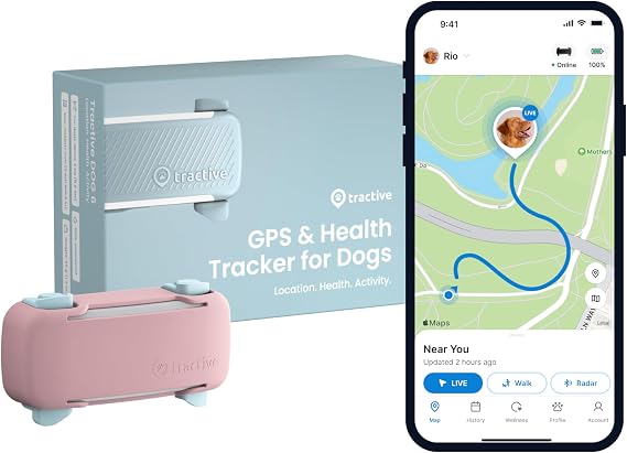 Tractive GPS Dog Tracker (2025 Release) Real-time Pet Location Tracker | Health & Wellness Alerts | Virtual Fence for Dogs | Bark Monitoring (Mint w/Pink Cover)