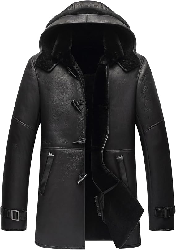 Mens Sheepskin Fur Coat Shearling Coats Fashion Genuine Leather Hood Outerwear (XS, Black)