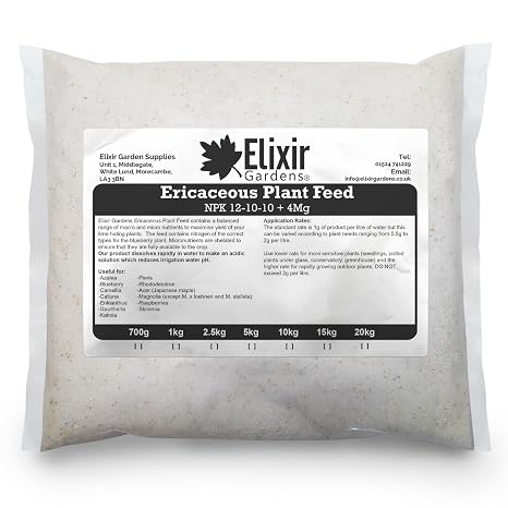 Elixir Gardens Soluble Ericaceous Fertiliser/Feed | Azalea, Rhododendron, Acer, Magnolia & Camellia Plant & Shrub Food | NPK: 12-10-10 + 4 | 20kg Polythene Bag