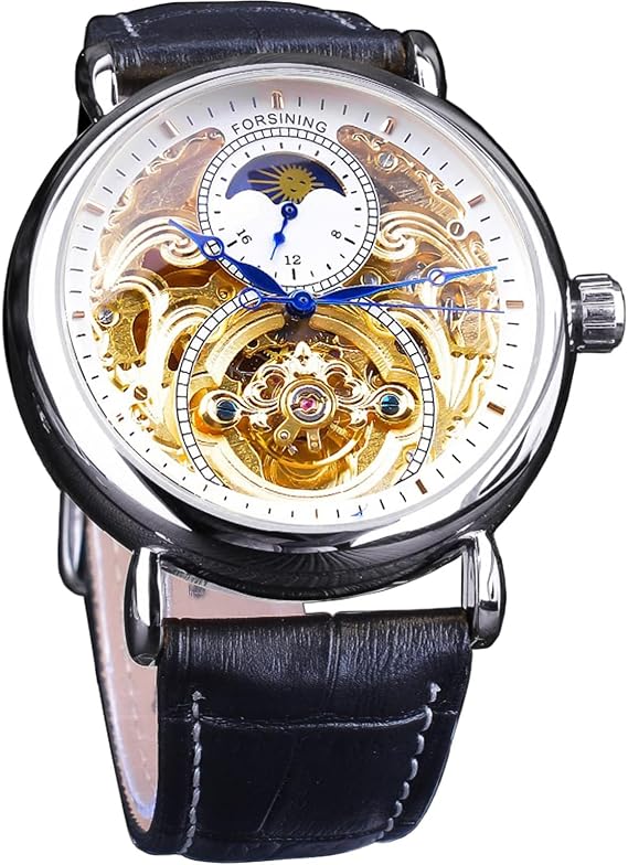FORSINING Luxury Men's Moon Phase Tourbillon Retro Skeleton Hollow Automatic Mechanical Wrist Watch Leather Strap Automatic Movement Men's Watches, silver white, Mechanical