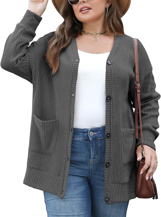 Celkuser Women's Plus Size V-Neck Cardigan Sweater Lightweight Button-Down Open Front Oversized Knit with Pockets