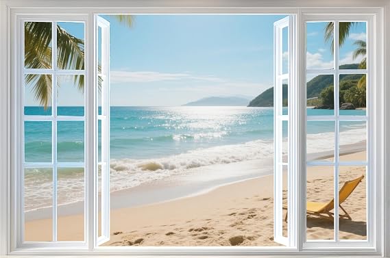 WOOHOOROO Self-Adhesive 3D Fake Window Decal-Calming Seaside Landscape with Gentle Waves Removable Wall Mural Decoration,24" x 36"