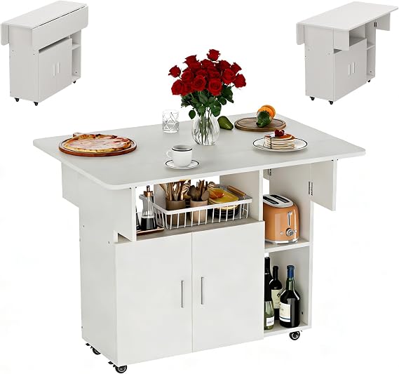Mobile Folding Dining Table, Small Dining Table Drop Leaf Table with Cabinet and 2 Open Storage Shelves, Locking Wheels for Small Spaces, Apartment Kitchen Dining Room (White, 100x70x78cm)