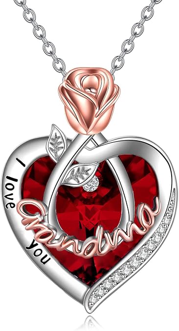 Mothers Day Gifts for Mom Grandma Nana 925 Sterling Silver I Love You Necklace Rose Flower Love Heart with Crystal Jewelry for Women