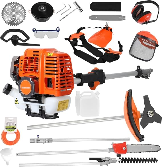 52cc 5 in 1 Multi Functional Trimming Tools, Gas Hedge Trimmer, Weed Eater, String Trimmer, Brush Cutter, Edger, Pole Saw Chainsaw Pruner with Extension Pole 2025 Upgrade Orange