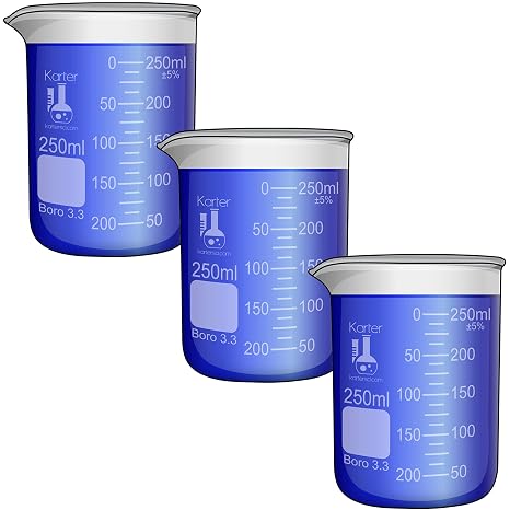 250ml Beaker, Low Form Griffin, Borosilicate 3.3 Glass, Double Scale, Graduated, Karter Scientific 213D44 (Pack of 3)