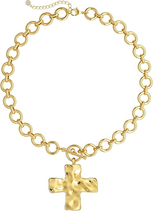 CHESKY 14K Gold Plated Chunky Cross Necklace for Women Toggle Clasp
