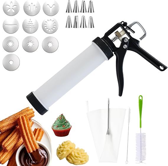 3in1 Manual Spritz Cookie Press Gun Set, Churro Maker Machine | Large 2-Cup Capacity, 1 Piping Bag and Tip, 10 Churrera Churro and Cookie Discs, 8 Icing Nozzles, 2 Cleaning Brushes