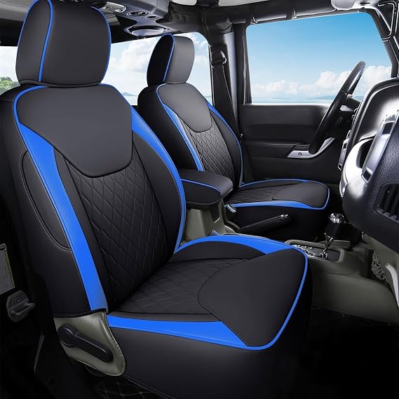 Coverado Seat Covers for Jeep Wrangler JK JL, Leather Front Seat Covers for Truck Automotive Seat Covers Custom Fit for 2007-2017 Jeep Wrangler 2-Door/4-Door(Blue)