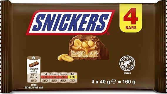 Snickers Peanut Caramel Nougat Milk Chocolate Snack Multipack Bars 4 x 40g