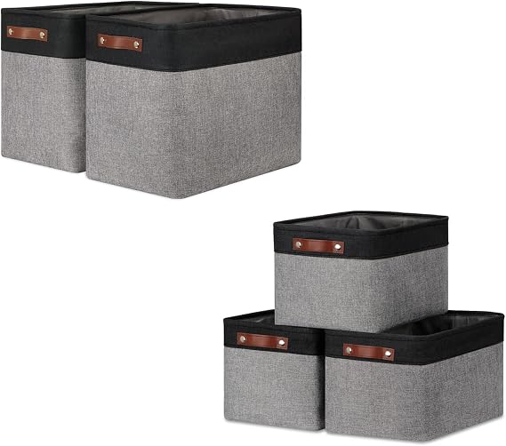 DULLEMELO Collapsible Bundle Baskets 2 Large Baskets 17"x12"x15" + 3 Medium Baskets 15"x11"x9.5"(Black&Grey