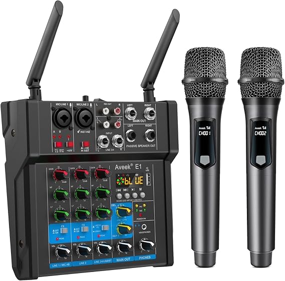 Aveek 150W x2 Powered Amplifier Audio Mixer, 4 Channel with 2 Wireless Mics