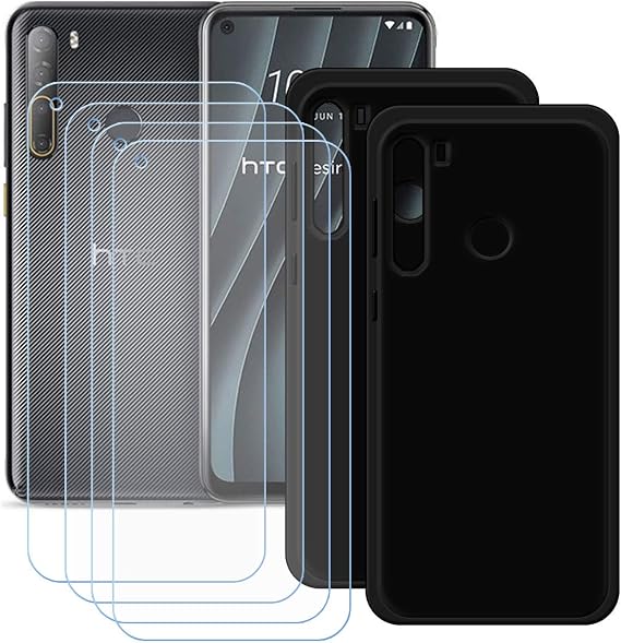 TTJ [2 Pack] Black Cover for HTC Desire 20 Pro + [4 Pack] HD Tempered Glass, Silicone Shell TPU Protective Back Case - Scratch Screen Protector for HTC Desire 20 Pro (6,5")