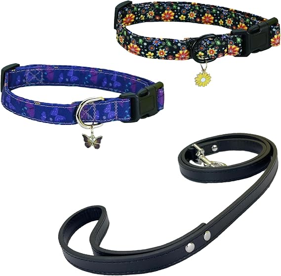 Fashion 3 Pieces Flower Pattern Dog Leash Dog Collar with Petal Pendant Butterfly Pendant for Medium Dogs Large Dogs (m) - BlackBlue - S