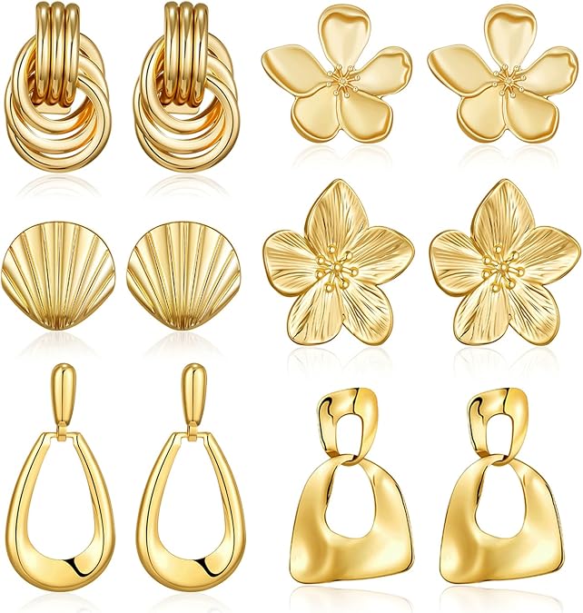 Chunky Gold Earrings For Women Trendy Statement Gold Plated Flower Shell Knot Dangle Earrings Lightweight Hypoallergenic Fashion Jewelry Set