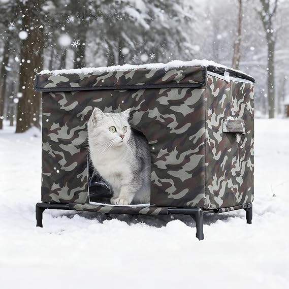 Elevated Cat House for Outdoor Cats,Outside Cat House Weatherproof Outdoor Cat Feeding Satation for Winter,Insulated Pet Shelter for Feral & Stray Cats,Waterproof & Scratch-Resistant (Khaki Green)