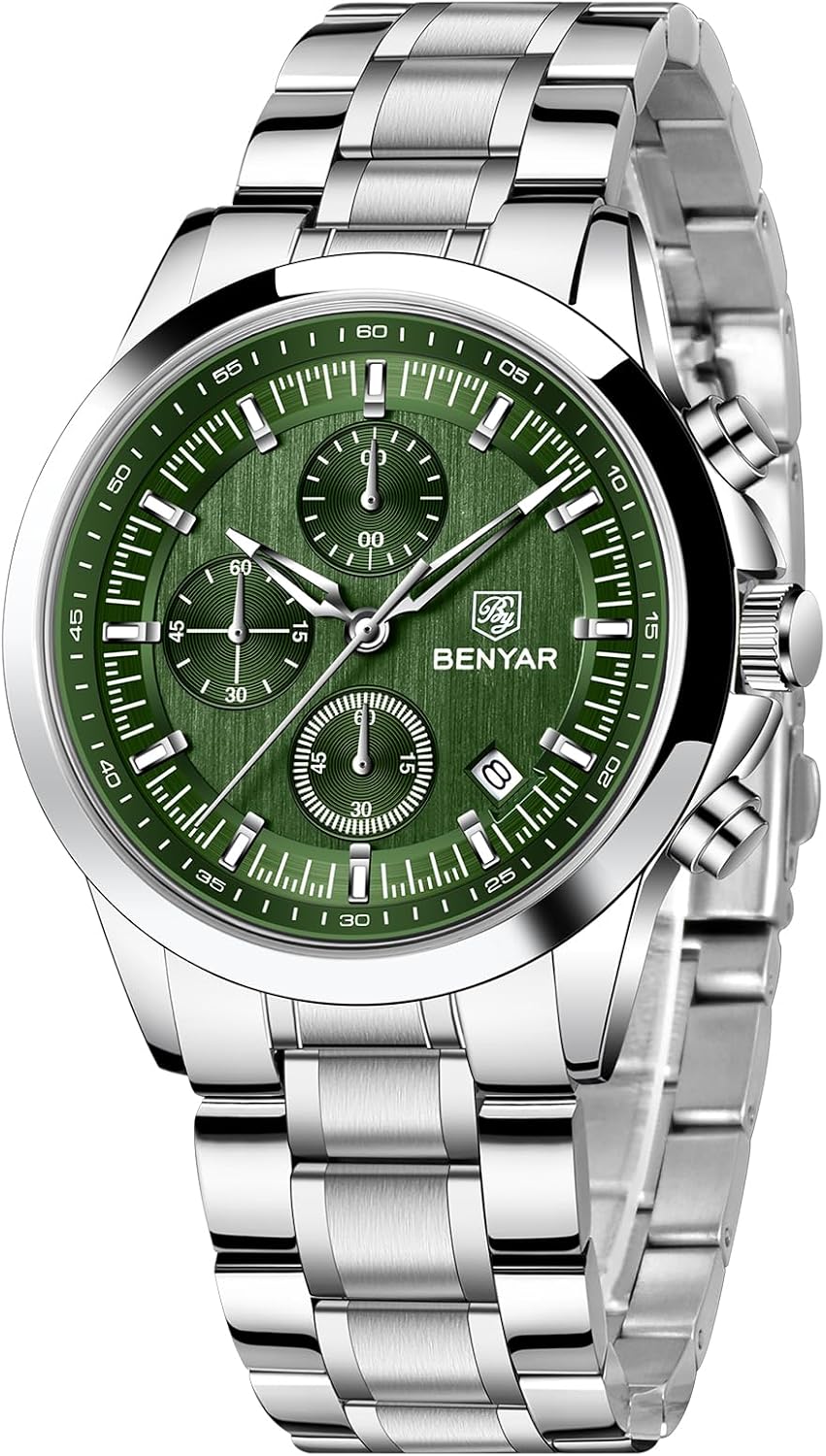 BENYAR Men's Watch Analog Quartz Chronograph Waterproof Men Fashion Business Casual Sport Dress Watch with Calendar Stainless Steel Leather Strap Elegant Gift, Silver Green, Bracelet Type