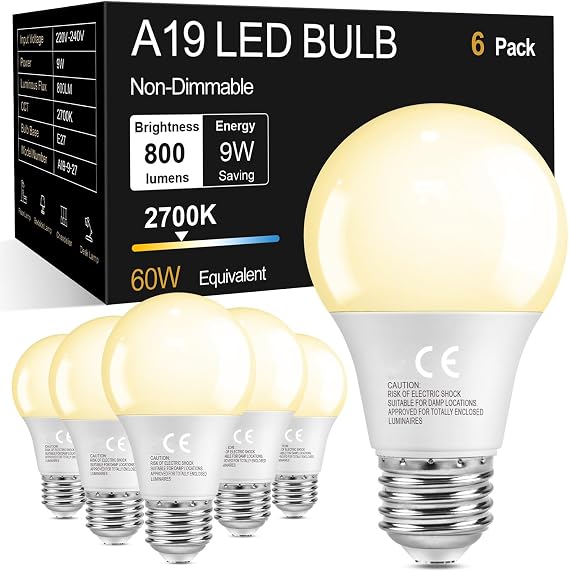 6 Pack E27 Screw LED Light Bulbs 2700K Warm Yellow White, 60W, ES Edison 9W [Energy Class E]
