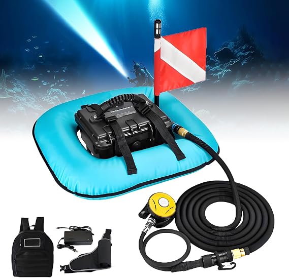Scuba Diving Ventilator System 52L/min, Portable Tankless Underwater Breathing Device, Waterproof Air Compressor, 60-70Min Endurance, Detachable Hose, Can Board The Plane Blue-SingleBattery