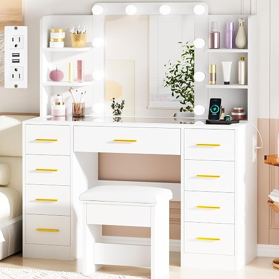 BEWISHOME Large Vanity Desk with Mirror and Lights,Glass Top,9 Drawers