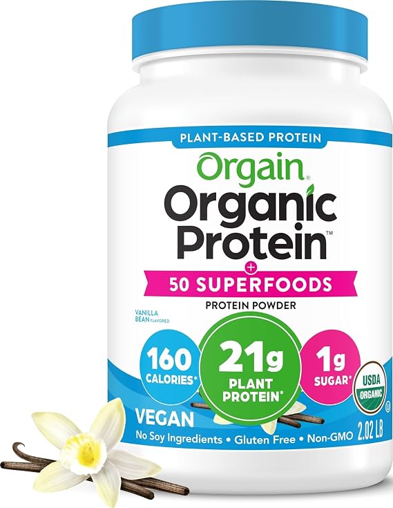 Orgain Organic Vegan 21g Protein + Superfoods Powder, Vanilla Bean, 2.02lb