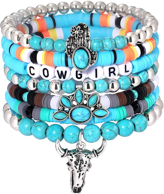 BVGA Western Cowgirl Turquoise Beaded Stretch Bracelets Preppy Heishi Bracelets Set Aztec Turquoise Bull Head Cow Cactus Flower Charm Bohemian Stackable Bracelets Y2K Summer Beach Layering Bracelets Jewelry for Women