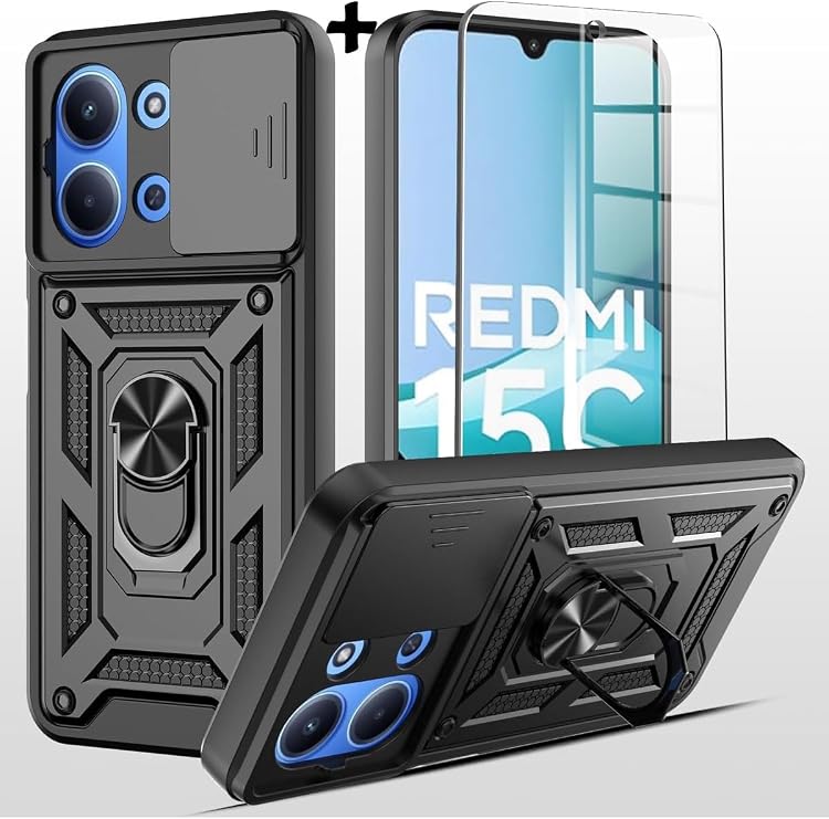 CONSTRAIN - Xiaomi Redmi 15C 5G ile uyumlu Kılıf Kamera Korumalı Sürgülü Yüzüklü Standlı Armor Kapak + Ekran Koruyucu Cam Set - Siyah