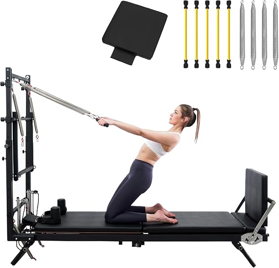 Pilates Reformer with Tower, 2-in-1 Half Elevated Core Bed, Foldable Home Pilates Machine with Box and Spring Board, Height Adjustable, Adjustable Resistance System Spring Board