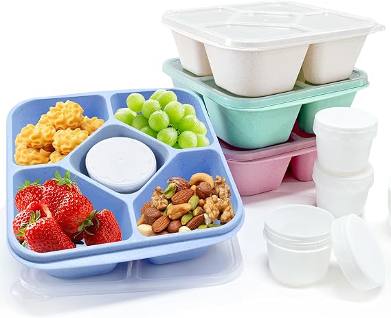 4 Pack Lunchable Snack Containers for Kids & Adults - 5 Compartments Bento Lunch Boxes with 4 Sauce Container, Reusable Meal Prep Containers, Divided Food Storage Containers for School Work Travel