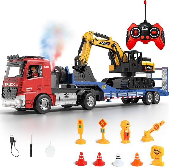 Fistone RC Semi-Trailer Truck & Friction Powered Excavator Toy Set, 1:24 Scale with Sound and Lights, 6 CH Remote Control Flatbed Truck and Inertia-Powered Excavator Toys for Kids Boys,Red