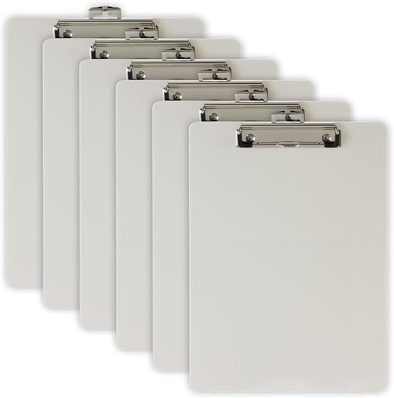 Officemate Plastic Clipboard, 9 x 12.5-Inches, Letter Size Recycled Document Holder with Low-Profile Metal Clip, Retractable Hanging Hole, Pearl, Pack of 6