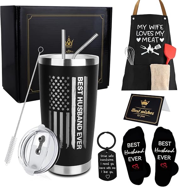 Gifts for Husband, 8PCS Husband Birthday Gift Set Includes Tumbler Straw Apron Socks Key Chain, Best Ever Husband Christmas Gifts from Wife for Valentines Day Anniversary Birthday Christmas