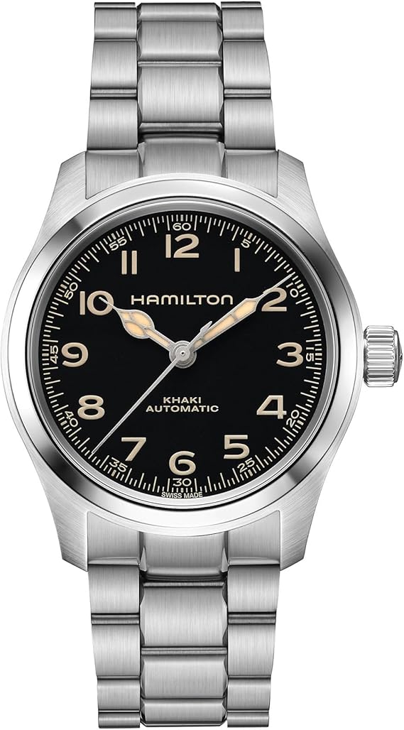 Hamilton Khaki Field Murph Automatic Men's Watch, 38mm Stainless Steel Case, Swiss Made, Black Dial Analog Wrist Watch, 100m Waterproof, Sapphire Crystal, 3-Hand Movement, Stainless Steel Strap