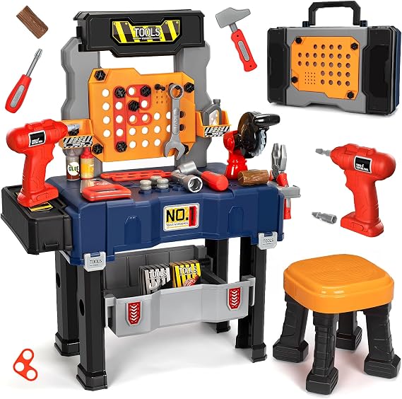 Kids Tool Bench with Electric Drill & Chair, Toddler Work Bench for Boy 3-5