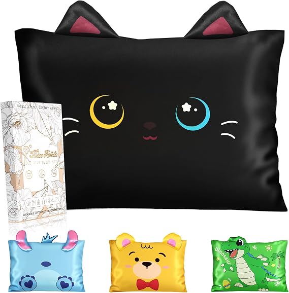 Miss Adola Toddler Pillowcases 13"x18" for Kids - Cute Cartoon Soft Breathable Silk Pillow Cases for Hair and Skin with Hidden Zipper for Girls Fun Kawaii Design for Bedding, Black Cat
