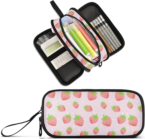 Pink Strawberry Large Capacity Pencil Case 3 Compartment Pencil Pouch