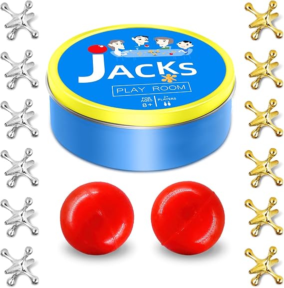 Metal Jacks Game with Ball Set, Classic Jax Game Toy for Kids Adults, Old School Jackstones Games Set (12 Jacks + 2 Balls)