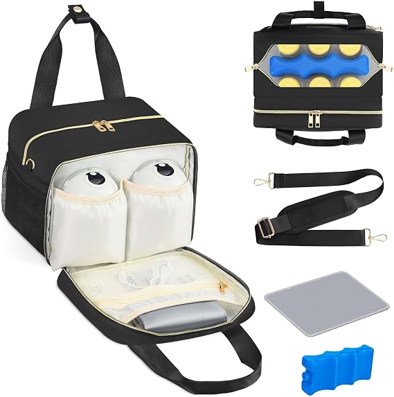 PIIOSER Breastmilk Cooler Bag with Ice Pack, Fits 6 Baby Bottles Up to 9 Ounce, Insulated Bottle Travel Bags with Shoulder Strap-Wearable Breast Pump Carrying Case for Nursing & Working Moms, Black
