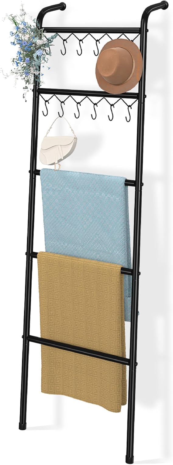 Simple Trending Blanket Ladder,5 Tier Metal Towel Rack with 12 Hooks, 79'' Metal Style Decorative Ladder for The Living Room Bedroom Bathroom Home Decor, Black