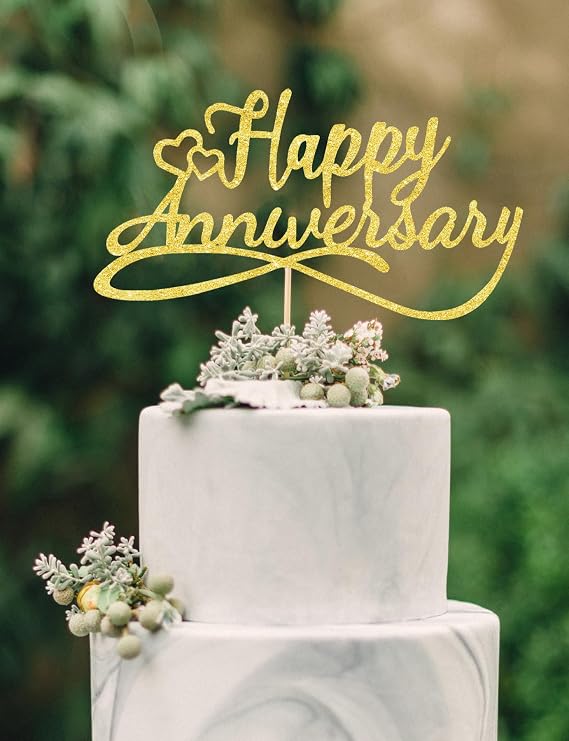Happy Anniversary Cake Toppers - Gold Wedding Anniversary Decorations, Wedding anniversary cake topper, Wedding Anniversary Party favors (Golden Double Sided Glitter)