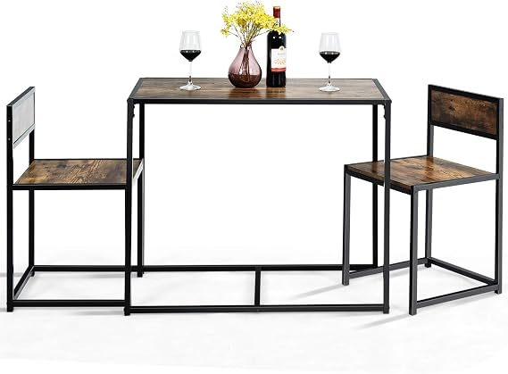 Giantex 3 Piece Dining Set, Industrial Dining Table with 2 Chairs, Small Kitchen Table Set with Metal Frame, Compact Bistro Table Set, Pub Breakfast Table for Small Space, Apartment (Antique)