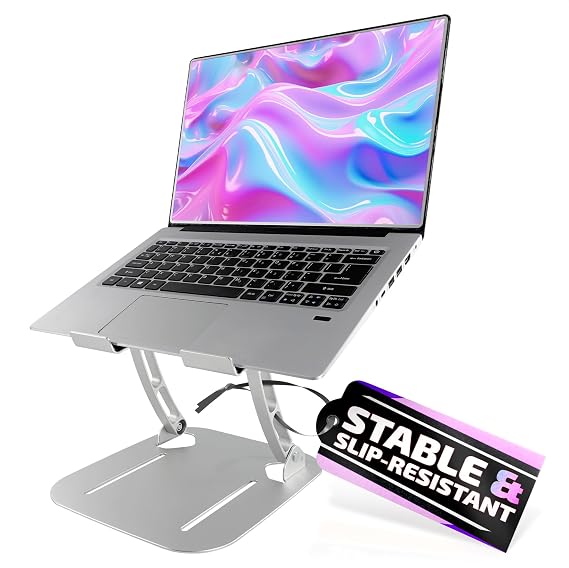 V TOWER Aluminium Laptop Stand for Desk with Adjustable Height and Angle | Adjustable Laptop Stands with Ventilation Slots, Anti-Slip Silicone Pads, Foldable Frame, for Devices from 10 up to 17.3 in