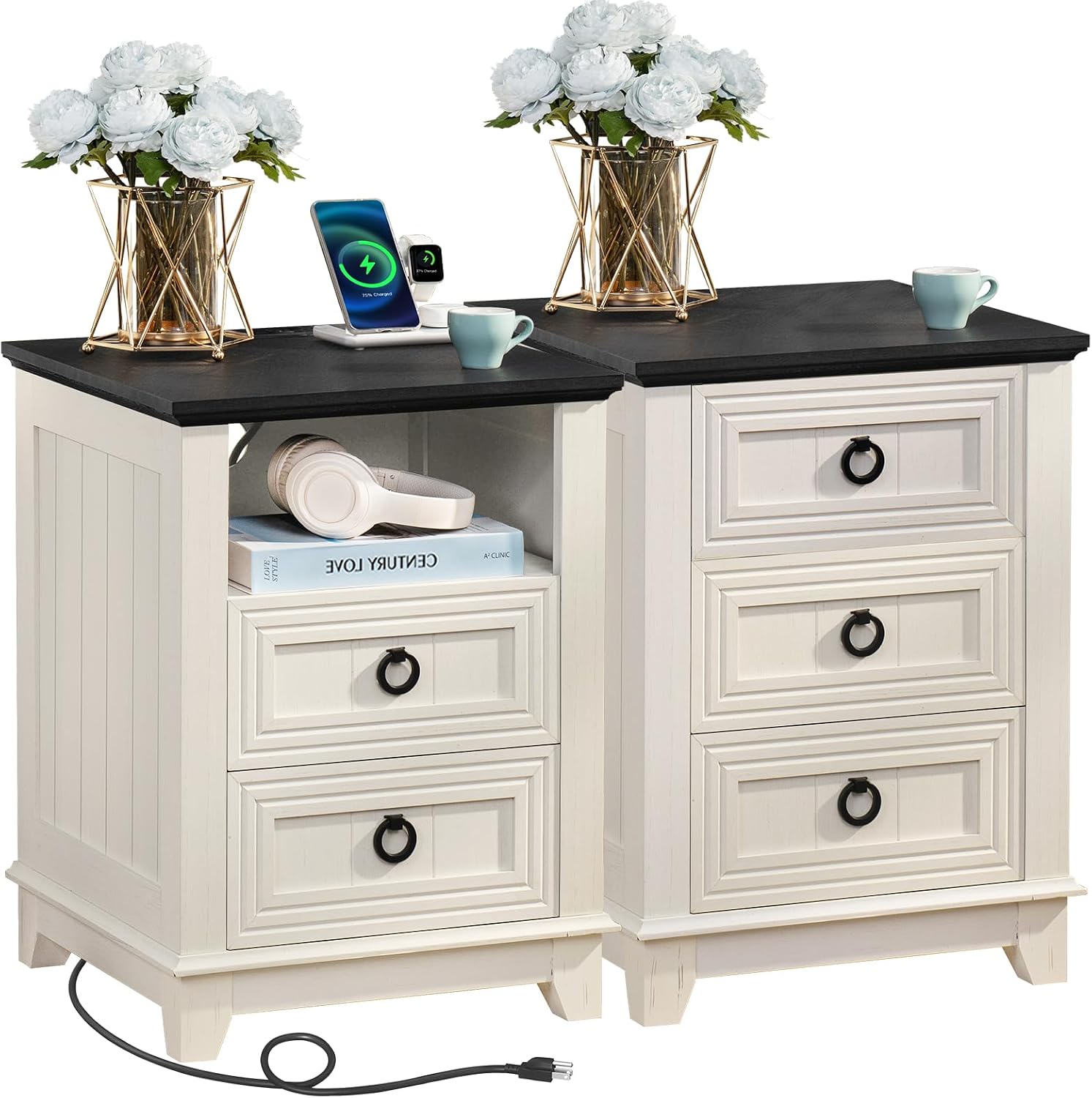 18 Farmhouse Night Stands Set of 2 with Charging Station, 2 & 3 Drawers End Table Dresser for Bedroom, White Wooden Nightstand, Bed Side Table with Open Shelf, Bedside Cabinet for Living Room