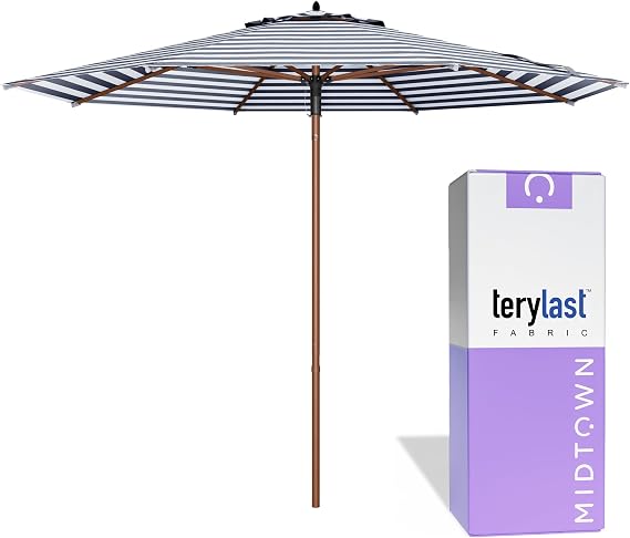 Midtown Umbrellas Push and Pop - 10 Ft Patio Umbrella, Navy Stripes Canopy