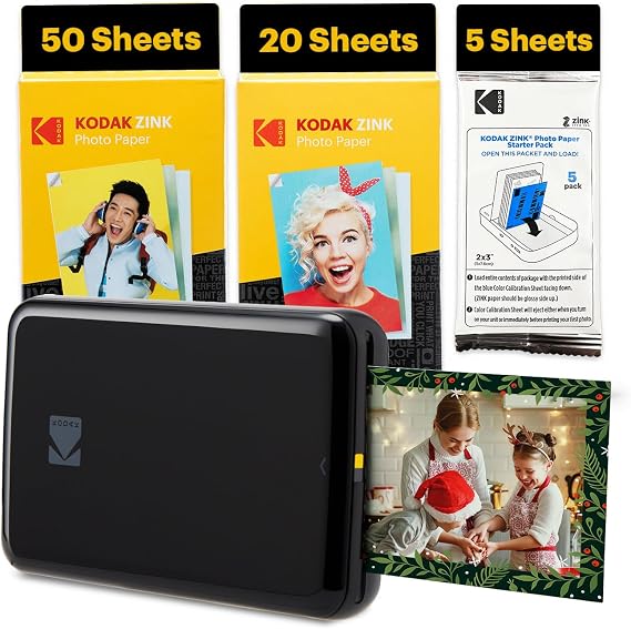 Kodak Step Instant Smartphone Photo Printer - 75 Sheets Bundle - Portable Mini Color Wireless Mobile Printer - Zink 2x3 Sticky-Back Photos - Bluetooth Compatible with Smart Devices - Fun App -Black