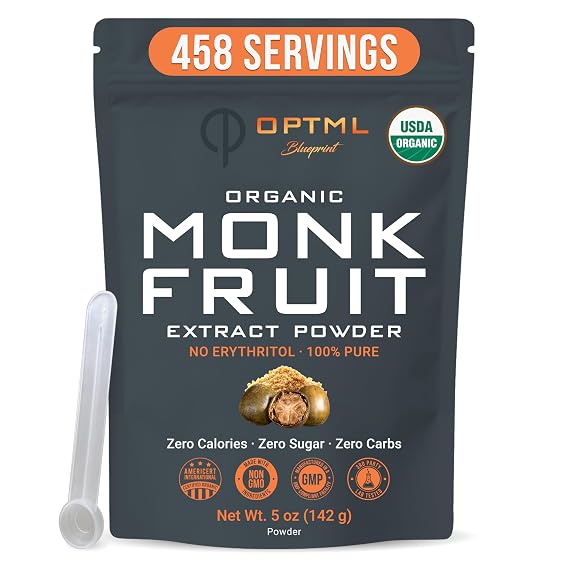 Organic Monk Fruit Extract Powder 100% Pure Monk Fruit Sweetener Powder, Non-GMO, No Erythritol, Zero Calorie Sugar Substitute, Keto and Paleo Friendly, Monkfruit Powder for Baking, Drinks, Recipes, 458 Servings 142g